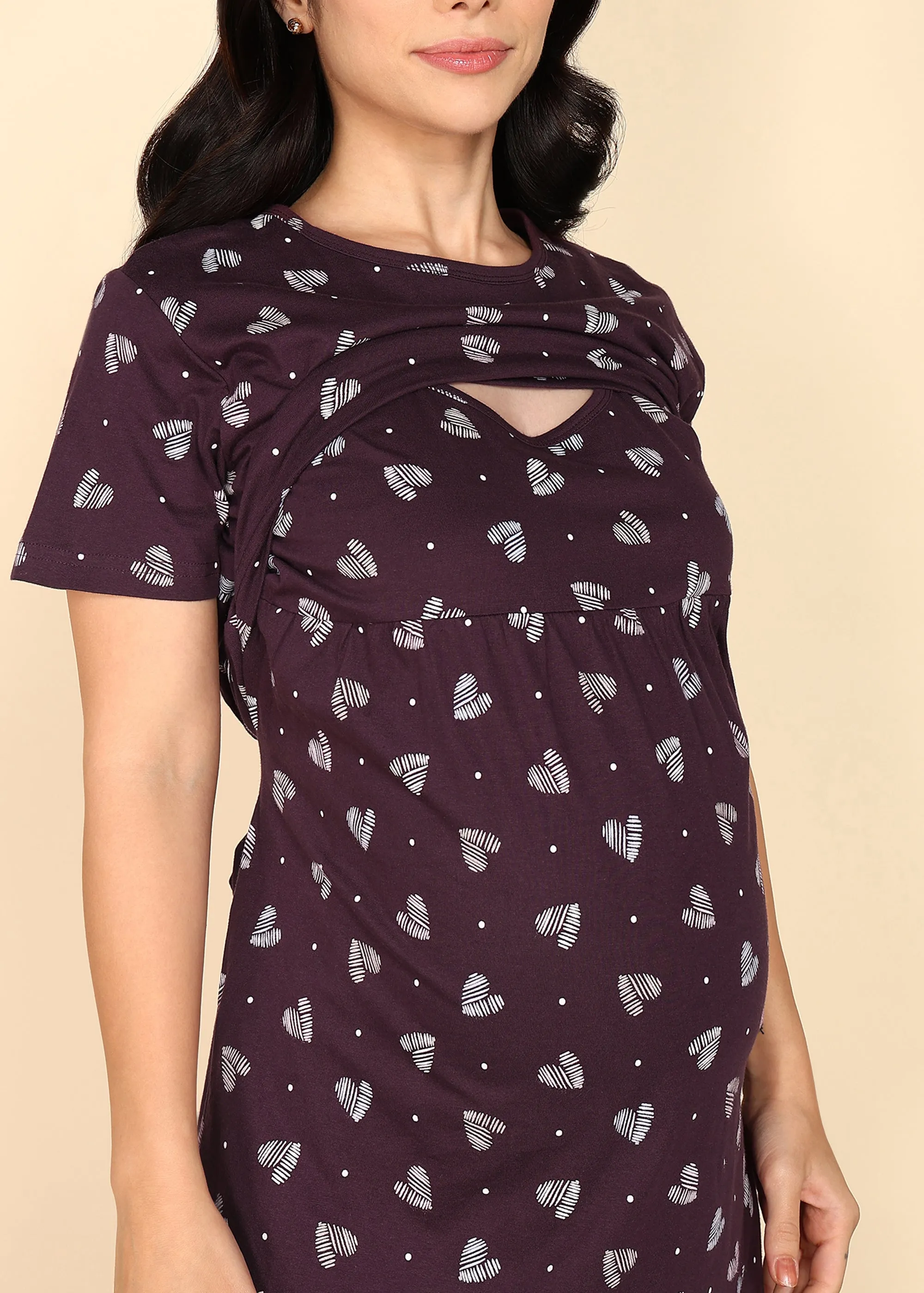 Wine Knitted Cotton Maternity Loungewear Dress