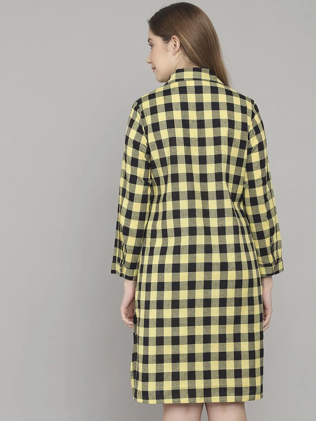Yellow And Black Check Print Knee Length Cotton Sleep Shirt